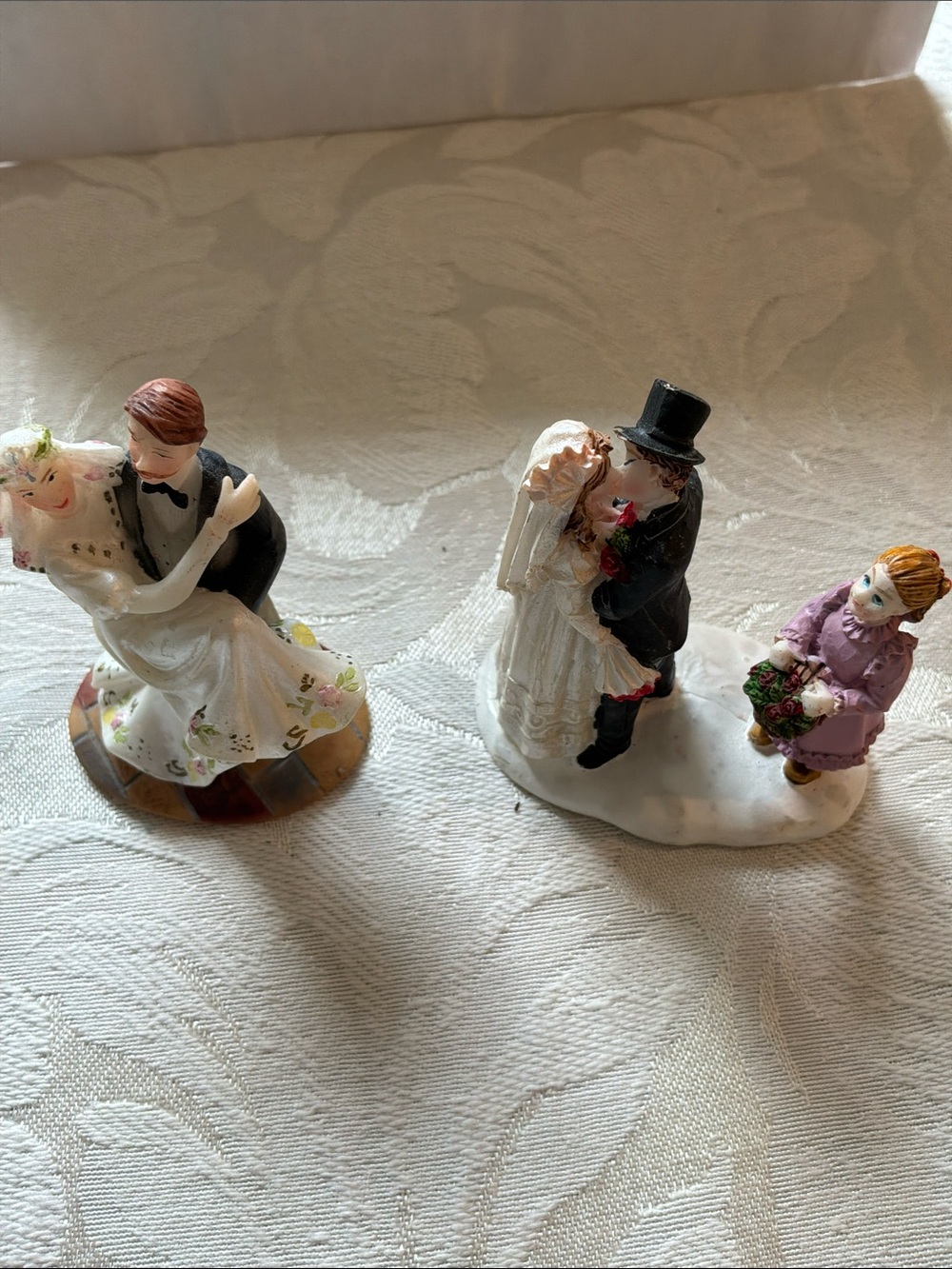 Wedding Cake Topper Figurine Set - White Bride & Groom with Pink Accents